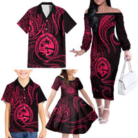 Polynesian Guam Coat of Arms Family Matching Off The Shoulder Long Sleeve Dress and Hawaiian Shirt Polynesian Tribal Tattoo Pink Version LT9 - Polynesian Pride