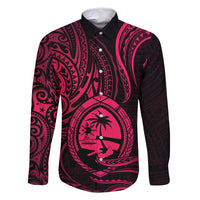 Polynesian Guam Coat of Arms Family Matching Off Shoulder Maxi Dress and Hawaiian Shirt Polynesian Tribal Tattoo Pink Version LT9 Dad's Shirt - Long Sleeve Pink - Polynesian Pride