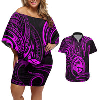 Polynesian Guam Coat of Arms Couples Matching Off Shoulder Short Dress and Hawaiian Shirt Polynesian Tribal Tattoo Purple Version LT9 Purple - Polynesian Pride