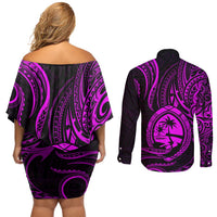 Polynesian Guam Coat of Arms Couples Matching Off Shoulder Short Dress and Long Sleeve Button Shirt Polynesian Tribal Tattoo Purple Version LT9 - Polynesian Pride