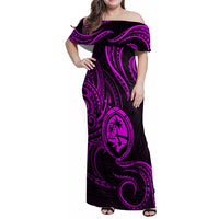 Polynesian Guam Coat of Arms Family Matching Off Shoulder Maxi Dress and Hawaiian Shirt Polynesian Tribal Tattoo Purple Version LT9 Mom's Dress Purple - Polynesian Pride