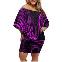 Polynesian Guam Coat of Arms Family Matching Off Shoulder Short Dress and Hawaiian Shirt Polynesian Tribal Tattoo Purple Version LT9 Mom's Dress Purple - Polynesian Pride