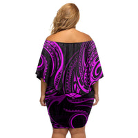 Polynesian Guam Coat of Arms Family Matching Off Shoulder Short Dress and Hawaiian Shirt Polynesian Tribal Tattoo Purple Version LT9 - Polynesian Pride
