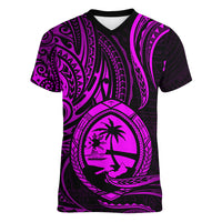Polynesian Pride Guam Women V Neck T Shirt With Polynesian Tribal Tattoo and Coat of Arms Purple Version LT9 - Polynesian Pride
