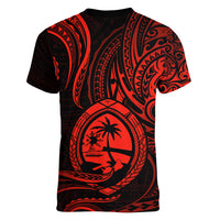 Polynesian Pride Guam Women V Neck T Shirt With Polynesian Tribal Tattoo and Coat of Arms Red Version LT9 - Polynesian Pride