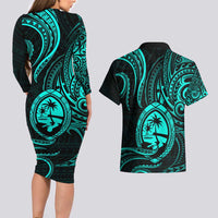 Polynesian Guam Coat of Arms Couples Matching Long Sleeve Bodycon Dress and Hawaiian Shirt Polynesian Tribal Tattoo Turquoise Version