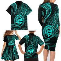 Polynesian Guam Coat of Arms Family Matching Long Sleeve Bodycon Dress and Hawaiian Shirt Polynesian Tribal Tattoo Turquoise Version LT9 - Polynesian Pride