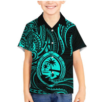 Polynesian Guam Coat of Arms Family Matching Mermaid Dress and Hawaiian Shirt Polynesian Tribal Tattoo Turquoise Version LT9 Son's Shirt Turquoise - Polynesian Pride