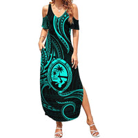 Polynesian Guam Coat of Arms Family Matching Summer Maxi Dress and Hawaiian Shirt Polynesian Tribal Tattoo Turquoise Version LT9 Mom's Dress Turquoise - Polynesian Pride