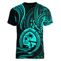 Polynesian Pride Guam Women V Neck T Shirt With Polynesian Tribal Tattoo and Coat of Arms Turquoise Version LT9 - Polynesian Pride