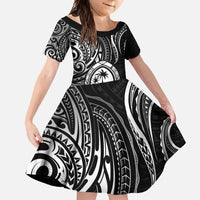 Polynesian Guam Coat of Arms Family Matching Long Sleeve Bodycon Dress and Hawaiian Shirt Polynesian Tribal Tattoo Black Version LT9 Daughter's Dress Black - Polynesian Pride