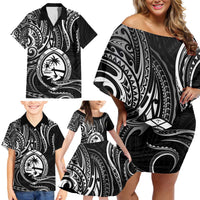 Polynesian Guam Coat of Arms Family Matching Off Shoulder Short Dress and Hawaiian Shirt Polynesian Tribal Tattoo Black Version LT9 - Polynesian Pride