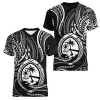 Polynesian Pride Guam Women V Neck T Shirt With Polynesian Tribal Tattoo and Coat of Arms Black Version LT9 Female Black - Polynesian Pride