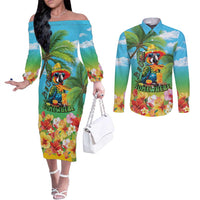 Always 5 O'clock Couples Matching Off The Shoulder Long Sleeve Dress and Long Sleeve Button Shirt Hawaiian Tropical Parrot LT9 Blue - Polynesian Pride