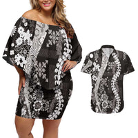 Hawaii Puakenikeni and Maile Lei Couples Matching Off Shoulder Short Dress and Hawaiian Shirt Black Japanese Wave Style LT9 Black - Polynesian Pride