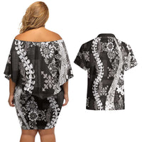 Hawaii Puakenikeni and Maile Lei Couples Matching Off Shoulder Short Dress and Hawaiian Shirt Black Japanese Wave Style LT9 - Polynesian Pride