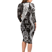 Hawaii Puakenikeni and Maile Lei Family Matching Long Sleeve Bodycon Dress and Hawaiian Shirt Black Japanese Wave Style LT9 - Polynesian Pride