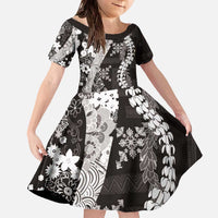 Hawaii Puakenikeni and Maile Lei Family Matching Off The Shoulder Long Sleeve Dress and Hawaiian Shirt Black Japanese Wave Style LT9 Daughter's Dress Black - Polynesian Pride