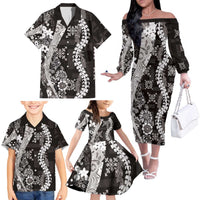Hawaii Puakenikeni and Maile Lei Family Matching Off The Shoulder Long Sleeve Dress and Hawaiian Shirt Black Japanese Wave Style LT9 - Polynesian Pride