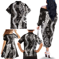 Hawaii Puakenikeni and Maile Lei Family Matching Off The Shoulder Long Sleeve Dress and Hawaiian Shirt Black Japanese Wave Style LT9 - Polynesian Pride