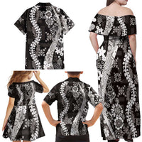 Hawaii Puakenikeni and Maile Lei Family Matching Off Shoulder Maxi Dress and Hawaiian Shirt Black Japanese Wave Style LT9 - Polynesian Pride