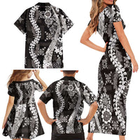 Hawaii Puakenikeni and Maile Lei Family Matching Short Sleeve Bodycon Dress and Hawaiian Shirt Black Japanese Wave Style LT9 - Polynesian Pride
