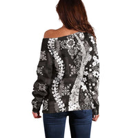 Hawaii Puakenikeni and Maile Lei Off Shoulder Sweater Black Japanese Wave Style - Polynesian Pride