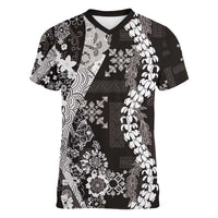 Hawaii Puakenikeni and Maile Lei Women V-Neck T-Shirt Black Japanese Wave Style - Polynesian Pride