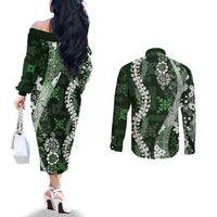 Hawaii Puakenikeni and Maile Lei Couples Matching Off The Shoulder Long Sleeve Dress and Long Sleeve Button Shirt Green Japanese Wave Style LT9 - Polynesian Pride