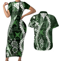 Hawaii Puakenikeni and Maile Lei Couples Matching Short Sleeve Bodycon Dress and Hawaiian Shirt Green Japanese Wave Style LT9 Green - Polynesian Pride