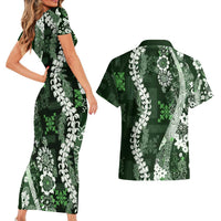 Hawaii Puakenikeni and Maile Lei Couples Matching Short Sleeve Bodycon Dress and Hawaiian Shirt Green Japanese Wave Style LT9 - Polynesian Pride
