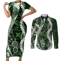 Hawaii Puakenikeni and Maile Lei Couples Matching Short Sleeve Bodycon Dress and Long Sleeve Button Shirt Green Japanese Wave Style LT9 Green - Polynesian Pride