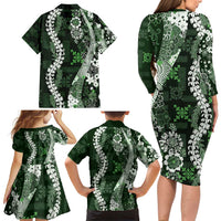 Hawaii Puakenikeni and Maile Lei Family Matching Long Sleeve Bodycon Dress and Hawaiian Shirt Green Japanese Wave Style LT9 - Polynesian Pride