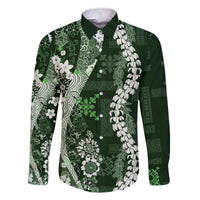 Hawaii Puakenikeni and Maile Lei Family Matching Off The Shoulder Long Sleeve Dress and Hawaiian Shirt Green Japanese Wave Style LT9 Dad's Shirt - Long Sleeve Green - Polynesian Pride