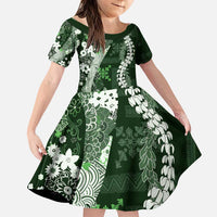 Hawaii Puakenikeni and Maile Lei Family Matching Puletasi and Hawaiian Shirt Green Japanese Wave Style LT9 Daughter's Dress Green - Polynesian Pride