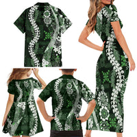 Hawaii Puakenikeni and Maile Lei Family Matching Short Sleeve Bodycon Dress and Hawaiian Shirt Green Japanese Wave Style LT9 - Polynesian Pride