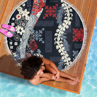 Hawaii Puakenikeni and Maile Lei Beach Blanket Navy Blue Japanese Wave Style - Polynesian Pride