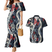 Hawaii Puakenikeni and Maile Lei Couples Matching Mermaid Dress and Hawaiian Shirt Navy Blue Japanese Wave Style LT9 Navy Blue - Polynesian Pride