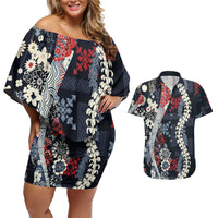 Hawaii Puakenikeni and Maile Lei Couples Matching Off Shoulder Short Dress and Hawaiian Shirt Navy Blue Japanese Wave Style LT9 Navy Blue - Polynesian Pride