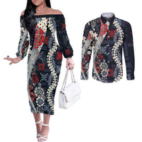 Hawaii Puakenikeni and Maile Lei Couples Matching Off The Shoulder Long Sleeve Dress and Long Sleeve Button Shirt Navy Blue Japanese Wave Style LT9 Navy Blue - Polynesian Pride