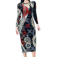Hawaii Puakenikeni and Maile Lei Family Matching Long Sleeve Bodycon Dress and Hawaiian Shirt Navy Blue Japanese Wave Style LT9 Mom's Dress Navy Blue - Polynesian Pride