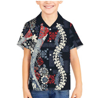 Hawaii Puakenikeni and Maile Lei Family Matching Mermaid Dress and Hawaiian Shirt Navy Blue Japanese Wave Style LT9 Son's Shirt Navy Blue - Polynesian Pride