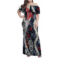 Hawaii Puakenikeni and Maile Lei Family Matching Off Shoulder Maxi Dress and Hawaiian Shirt Navy Blue Japanese Wave Style LT9 Mom's Dress Navy Blue - Polynesian Pride