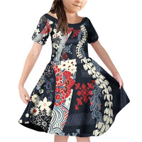 Hawaii Puakenikeni and Maile Lei Family Matching Off Shoulder Short Dress and Hawaiian Shirt Navy Blue Japanese Wave Style LT9 Daughter's Dress Navy Blue - Polynesian Pride