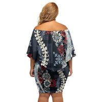 Hawaii Puakenikeni and Maile Lei Family Matching Off Shoulder Short Dress and Hawaiian Shirt Navy Blue Japanese Wave Style LT9 - Polynesian Pride