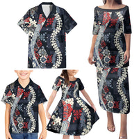 Hawaii Puakenikeni and Maile Lei Family Matching Puletasi and Hawaiian Shirt Navy Blue Japanese Wave Style LT9 - Polynesian Pride