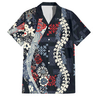 Hawaii Puakenikeni and Maile Lei Family Matching Puletasi and Hawaiian Shirt Navy Blue Japanese Wave Style LT9 Dad's Shirt - Short Sleeve Navy Blue - Polynesian Pride