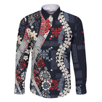 Hawaii Puakenikeni and Maile Lei Family Matching Short Sleeve Bodycon Dress and Hawaiian Shirt Navy Blue Japanese Wave Style LT9 Dad's Shirt - Long Sleeve Navy Blue - Polynesian Pride
