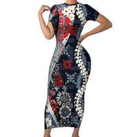 Hawaii Puakenikeni and Maile Lei Family Matching Short Sleeve Bodycon Dress and Hawaiian Shirt Navy Blue Japanese Wave Style LT9 Mom's Dress Navy Blue - Polynesian Pride