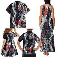 Hawaii Puakenikeni and Maile Lei Family Matching Tank Maxi Dress and Hawaiian Shirt Navy Blue Japanese Wave Style LT9 - Polynesian Pride